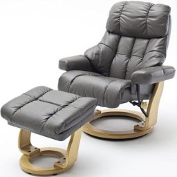Fauteuil relax CLAIRAC assise en cuir nougat pied en bois naturel avec repose pied