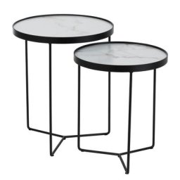Set de 2 tables gigognes rondes BAPE en métal noir et MDF marbré blanc.