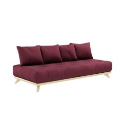 Canapé convertible futon SENZA pin naturel coloris bordeaux couchage 90 cm.