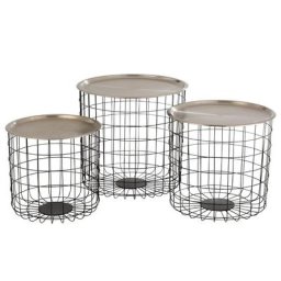 Set de 3 tables gigognes panier ronde PENA en métal noir et argent