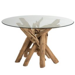 Table ronde nature SEVA verre piètement branches bois naturel
