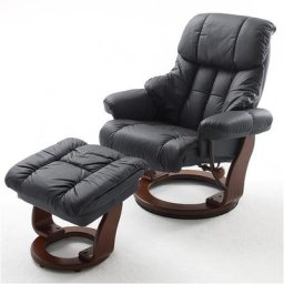 Fauteuil relax CLAIRAC assise en cuir noir pied en bois noyer avec repose pied