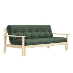 Canapé convertible futon UNWIND pin naturel coloris vert olive 130 x 190 cm.