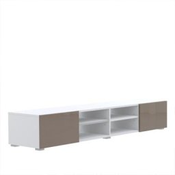 ATLANTIC. Meuble tv structure blanche et portes laquées taupe brillant. grand modèle