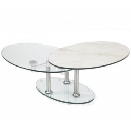 Table basse DOUBLE CÉRAMIQUE MARBLE blanc à plateaux pivotants en verre