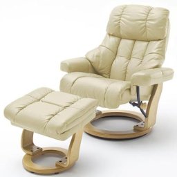 Fauteuil relax CLAIRAC XL assise en cuir crème pied en bois naturel avec repose pied