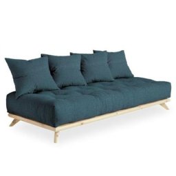 Canapé convertible futon SENZA pin naturel coloris bleu profond couchage 90 cm.