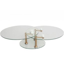 Table basse DOUBLE COOPER Ã plateaux pivotants en verre et piétement cuivre
