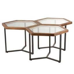 Set de 3 tables gigogne RUTY en bois marron/ verre et métal noir.