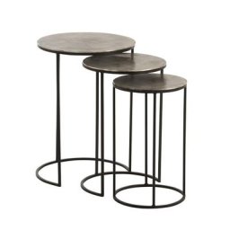 Set de 3 tables gigognes ronde NIZI en métal noir et aluminium gris.