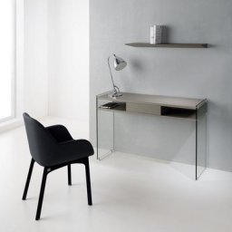 Table console MAYA coloris gris tourterelle piétement en verre transparent