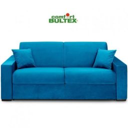 Canapé convertible express VOLOUTO matelas 140cm comfort BULTEX® 16cm sommier lattes RENATONISI velours bleu azur