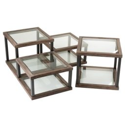 Set de 4 tables de salon carrées SQUA en bois marron et verre.