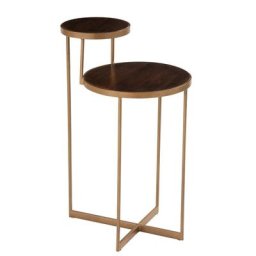 Table gigogne ronde 2 niveaux BIOR en bois de manguier brun foncé et métal doré