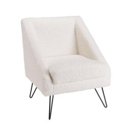 Fauteuil design GOTHY Blanc tissu bouclette / Pieds épingles métal noir