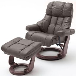 Fauteuil relax CLAIRAC XL assise en cuir marron pied en bois couleur noyer avec repose pied
