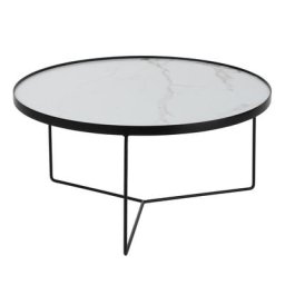 Table basse ronde BAPE en métal noir et MDF marbré blanc.