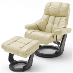 Fauteuil relax CLAIRAC XL assise en cuir crème pied en bois couleur noir avec repose pied