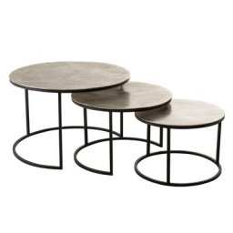 Set de 3 tables gigognes ronde NIZI en métal noir et aluminium brillant.