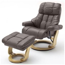 Fauteuil relax CLAIRAC XL assise en cuir marron pied en bois naturel avec repose pied