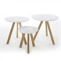 Lot de 3 tables d'appoint SEAL plateau blanc mat pietement chêne massif à noeuds