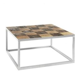Table basse BRODER 80 x 80 cm metal silver plateau manguier