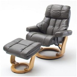 Fauteuil relax CLAIRAC XL assise en cuir marron pied en bois naturel avec repose pied