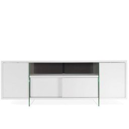 Meuble TV design MARCO POLO 180cm Blanc Mat portes coulissantes et piètement en verre