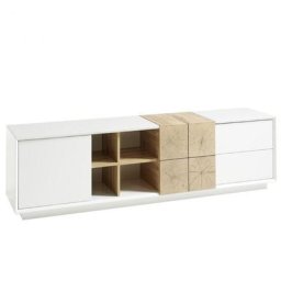 Meuble TV MARKUS 180 cm laqué blanc mat et décor chêne 2 portes 2 tiroirs
