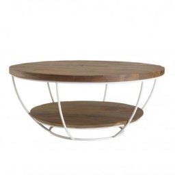 Table Basse Scandinave ronde Double Plateau en bois finition teck recyclé pied blanc