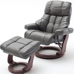 Fauteuil relax CLAIRAC assise en cuir nougat pied en bois noyer avec repose pied
