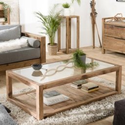 Table Basse SANDY Scandinave plateau en verre et bois Pin recyclé