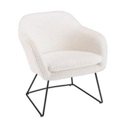 Fauteuil design GOTHY Blanc tissu bouclette / Pieds évasés métal noir