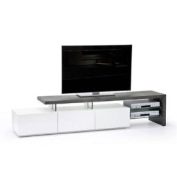 Meuble TV design ALRIK 3 tiroirs structure laquée blanc mat plateau décor béton