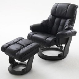 Fauteuil relax CLAIRAC assise en cuir noir pied en bois noir avec repose pied