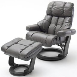 Fauteuil relax CLAIRAC XL assise en cuir nougat pied en bois couleur noir avec repose pied