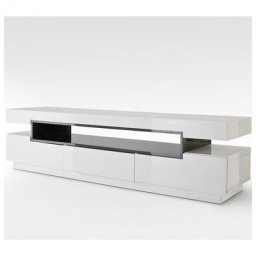 Meuble TV design LYRA 3 tiroirs et niches structure laquée blanc brillant et gris