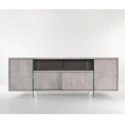 Meuble TV design MARCO POLO 180cm gris béton portes coulissantes et piètement en verre