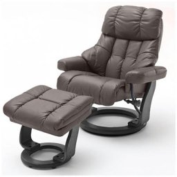 Fauteuil relax CLAIRAC XL assise en cuir marron pied en bois couleur noir avec repose pied
