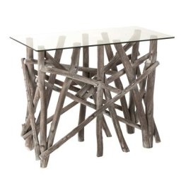 Console rectangulaire SEVA verre piètement branches bois grisé