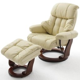 Fauteuil relax CLAIRAC assise en cuir crème pied en bois noyer avec repose pied