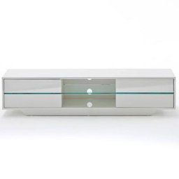 Meuble TV design BOSCO 4 tiroirs finition laqée blanc brillant éclairage led intégré