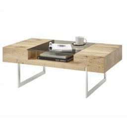 Table basse Design REWA placage en chêne noueux huilé et plateau en verre teinté