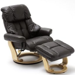 Fauteuil relax CLAIRAC assise en cuir marron pied en bois naturel avec repose pied