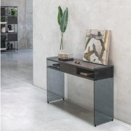 Table console MAYA coloris Ardoise noyer piétement en verre fumé