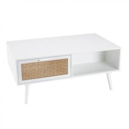 Table basse ANDROS Blanc cannage naturel 2 tiroirs 1 niche