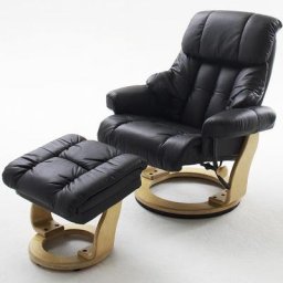 Fauteuil relax CLAIRAC assise en cuir noir pied en bois naturel avec repose pied