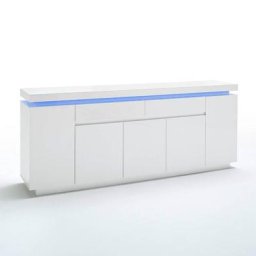 Buffet OCEAN laqué blanc brillant 5 portes 2 tiroirs LED inclus