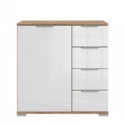 Commode ENSSE 4 tiroirs 1 porte chêne poutre et verre blanc