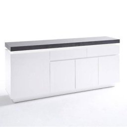 Buffet ATLANTIC CITY laqué blanc mat et béton 4 portes 2 tiroirs LED blanc inclus